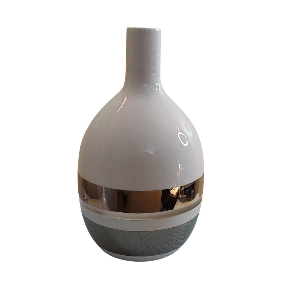 Sgrafo Modern Vase West Germany Porcelain Chrome Mid Century White Grey Raymor